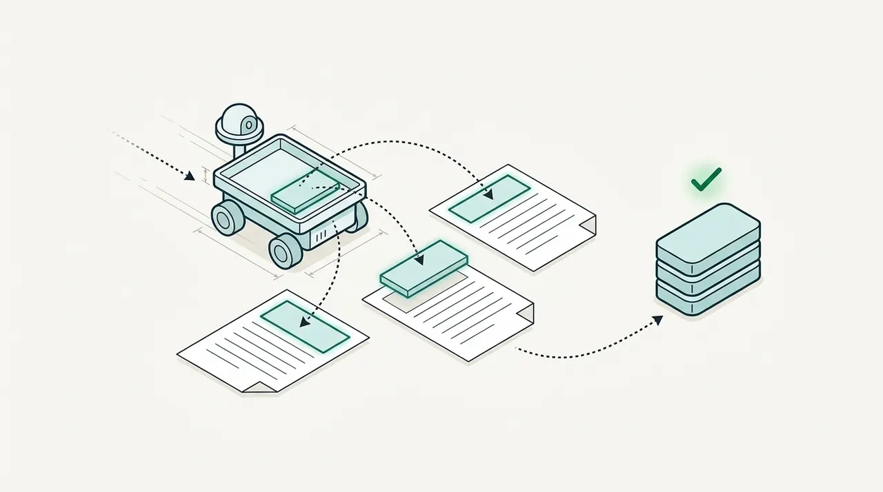 Line drawing of a small robot cart picking fields off several documents and delivering them to a verified data stack