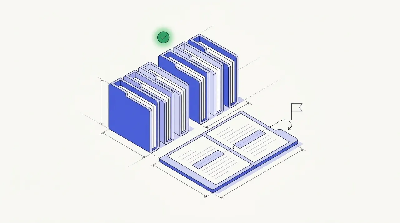 A row of upright loan folders under a green check, with one folder lying open in front and a dotted line joining a highlighted row on each of its two sheets to a small flag
