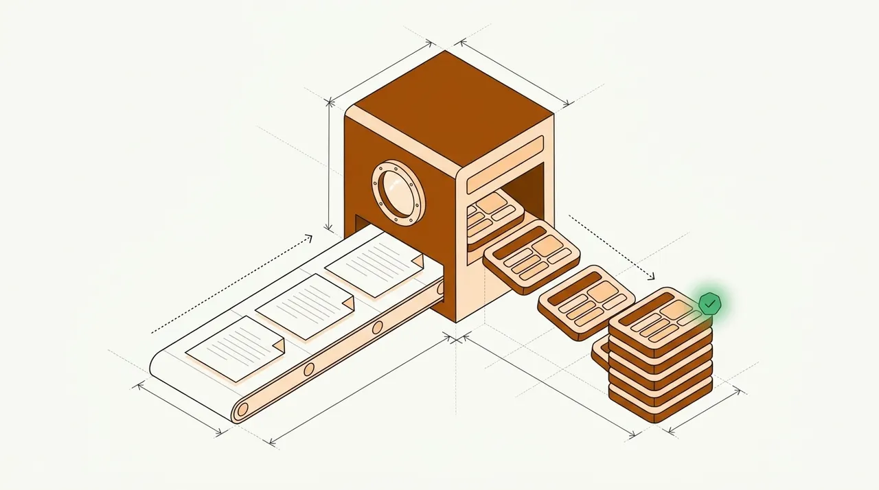Line drawing of documents on a conveyor feeding a machine that turns them into stacked data cards, the top one marked with a green check