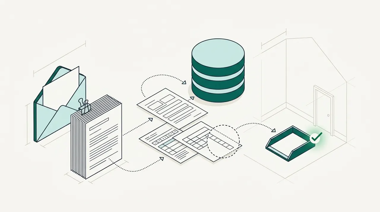 A clipped loan file beside an open envelope, with dotted paths carrying its sheets to a stack of server discs and one sheet with a circled row to a desk tray with a green check by an office door
