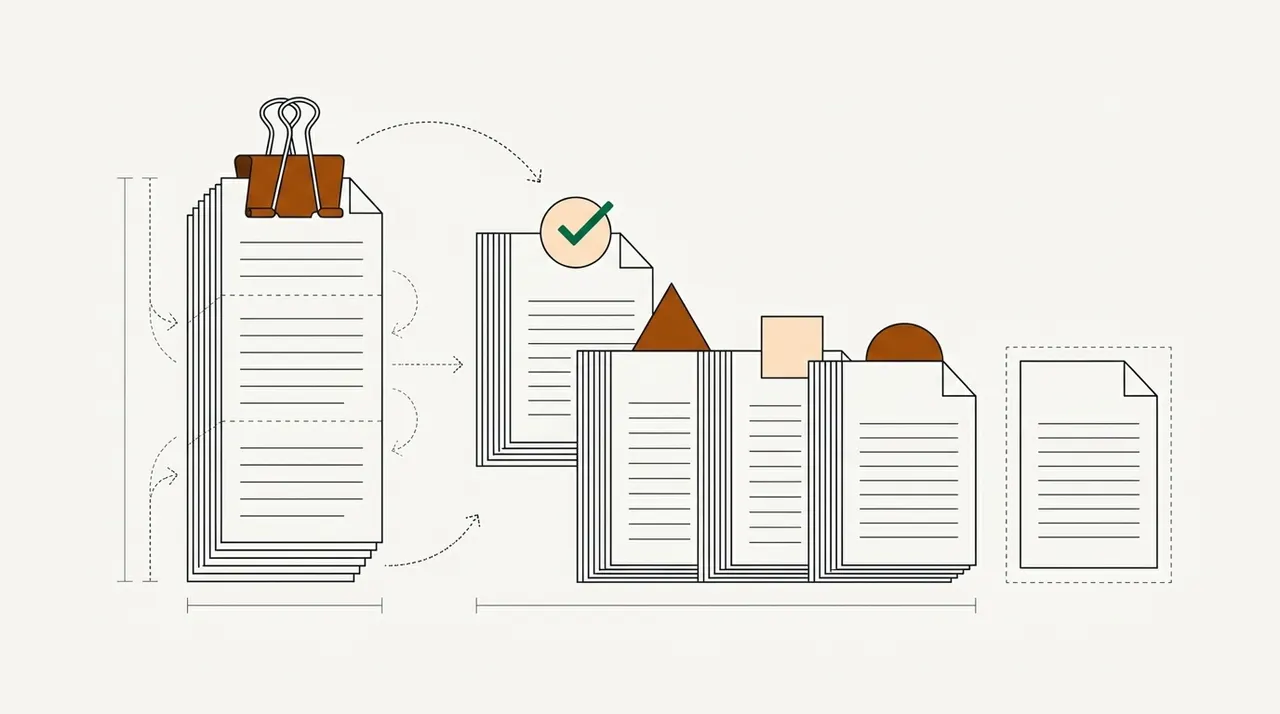 A binder-clipped packet of pages coming apart into four stacks, each with a differently shaped tab, and one loose page set apart in a dashed outline