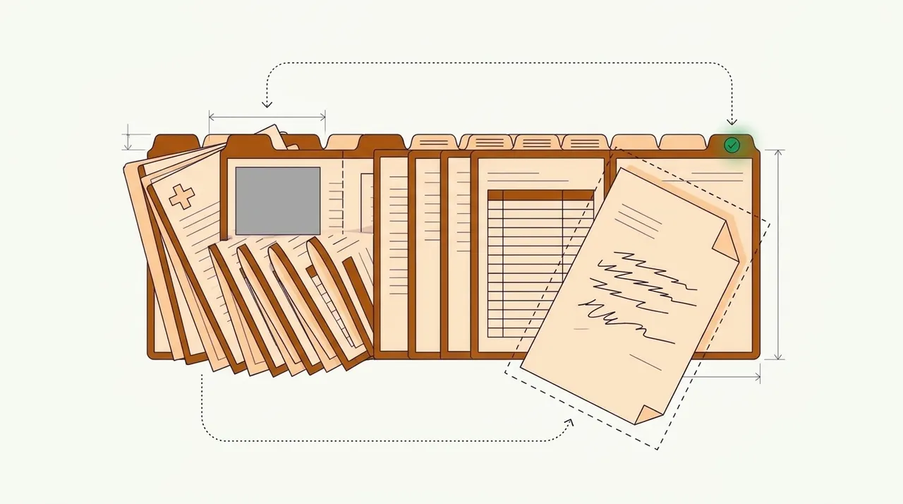 A tabbed medical file with its pages fanned out in a row, among them a sheet with a cross, a sheet with a plain grey image and a bill with a grid of rows, and one scribbled fax page pulled out inside a dashed outline, with a green check on the last tab