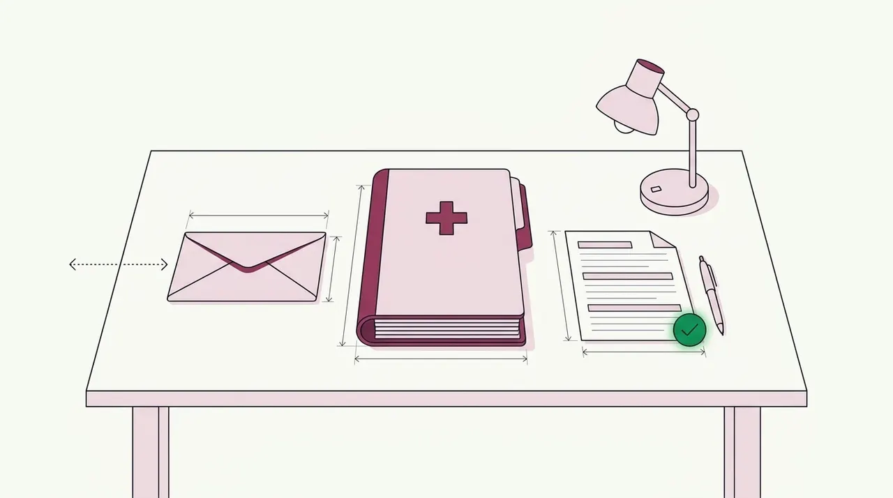 A desk holding a thick medical record with a cross on its cover, a closed envelope with a dotted arrow running off the left edge, and a summary sheet with three highlighted lines, a pen and a green check under a desk lamp