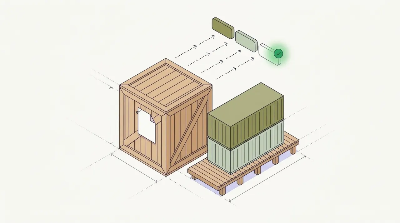 Line drawing of a wooden crate with a paper document pinned to it and a loaded pallet, with arrows carrying their data to three blocks, one marked with a green check