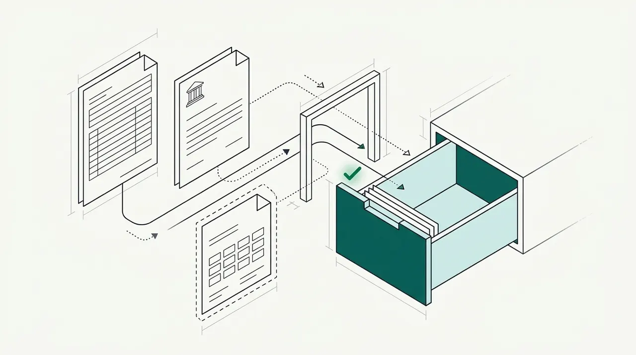 A tax form and a bank letter on dotted paths through an open gate into a filing drawer with a green check, while an insurance certificate waits inside a dashed outline before the gate