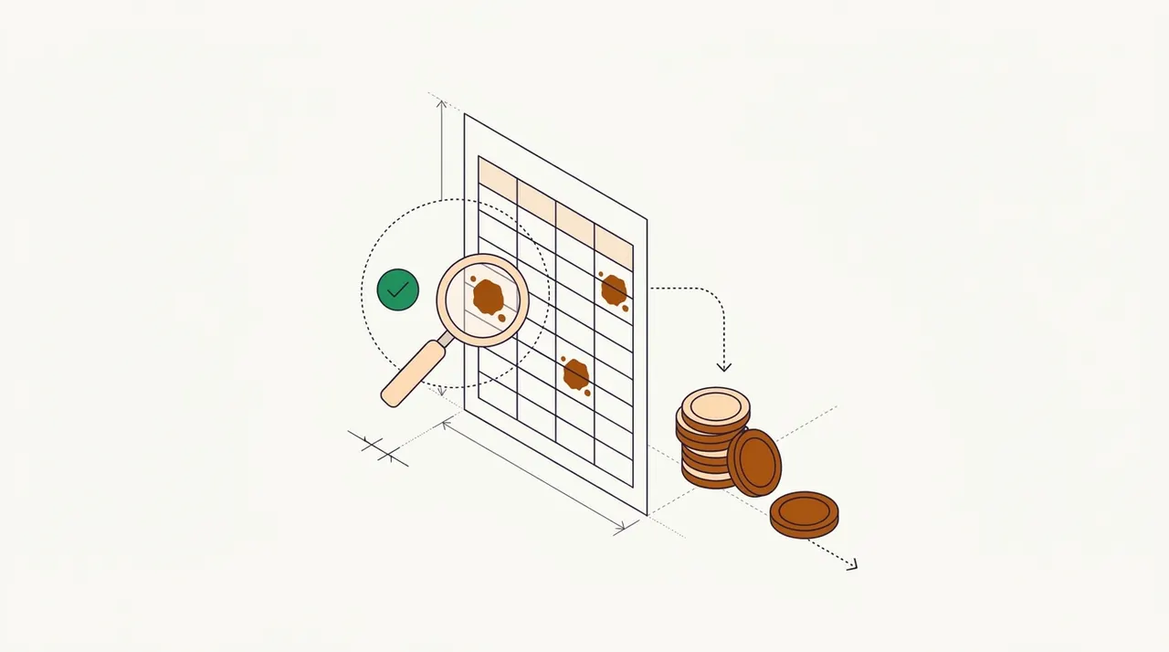 Line drawing of a grid of table cells with two ink blots, a magnifying glass with a green check ringing one blot, and a dotted arrow to a short stack of coins with three coins rolling away