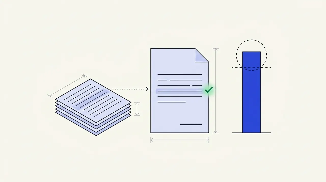A stack of ruled sheets joined by a dotted arrow to a taller sheet with a green check on one highlighted row, beside a blue bar whose top rises above a dashed line and is circled