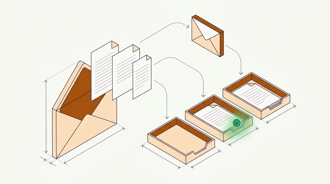 An opened envelope with three sheets lifting out and an email envelope above, each following a dotted path into one of three sorting trays