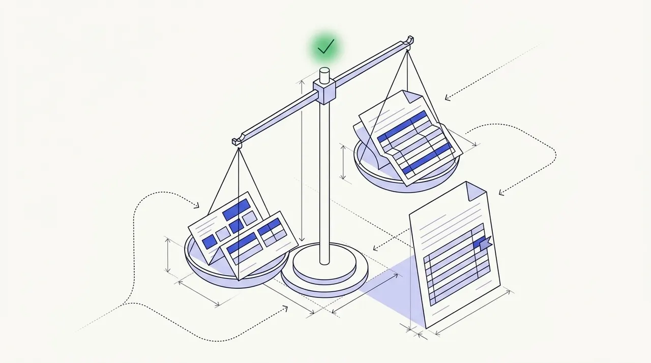 A balance scale with a pay stub on one pan and a bank statement on the other, a green check above it, and an application form with one flagged row leaning beside it