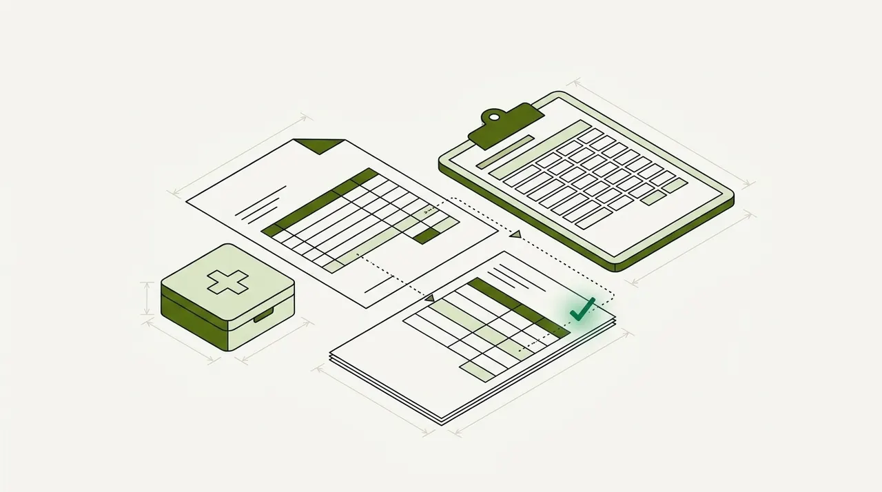 A supplier invoice beside a medical supply box and a timesheet on a clipboard, with a dotted line from one invoice row to a green check on the matching purchase order row