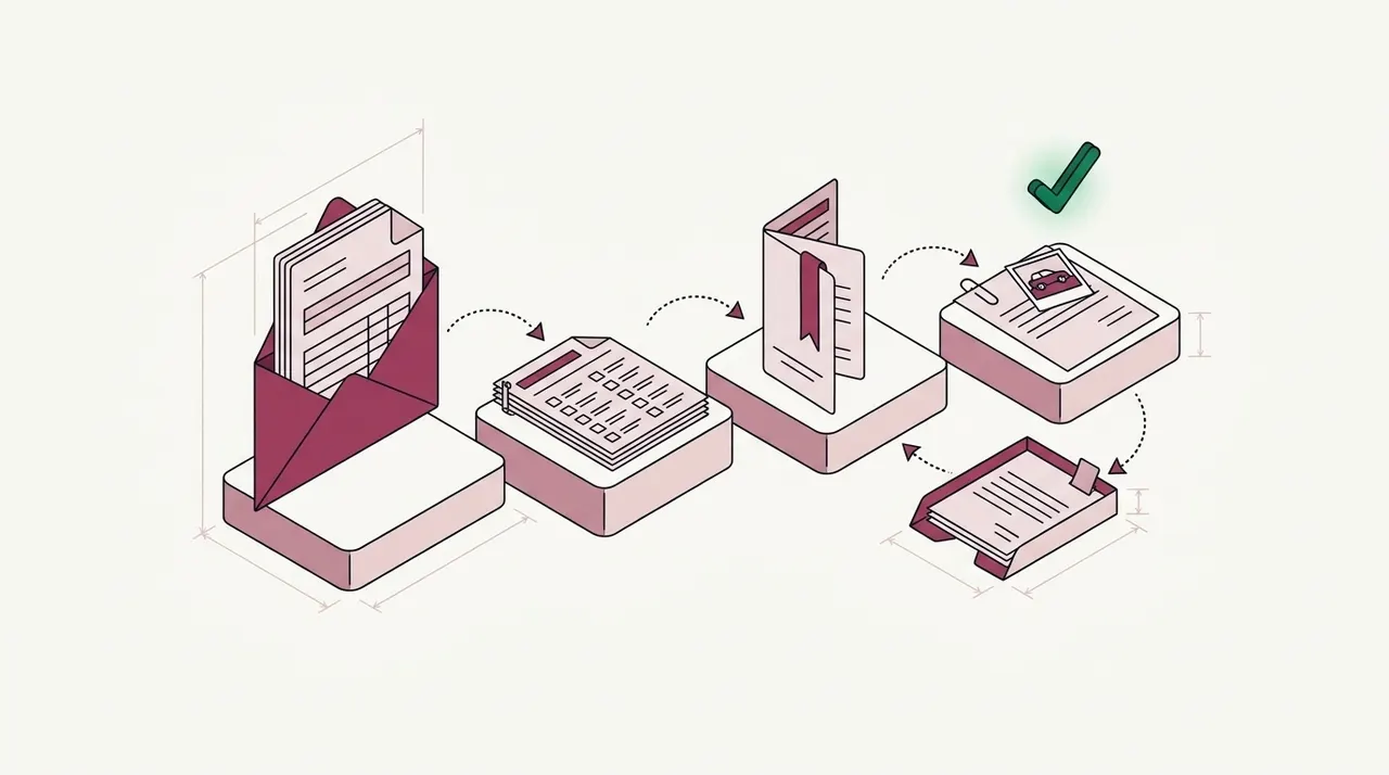 Four low platforms joined by dotted arrows, holding an open envelope with a packet of forms, a form with rows of checkboxes, a folded policy booklet with a ribbon bookmark and a claim sheet with a car photo clipped to it, with a green check above the last one and one page set aside in a tray