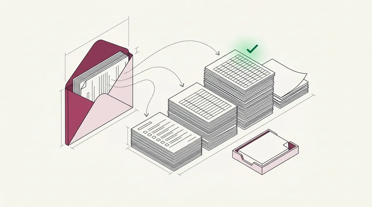 An open envelope on the left with its papers pulled out, and dotted arrows carrying them to four stacks of forms, tables, spreadsheets and loose sheets, one page set apart in a tray, and a green check on the tallest stack