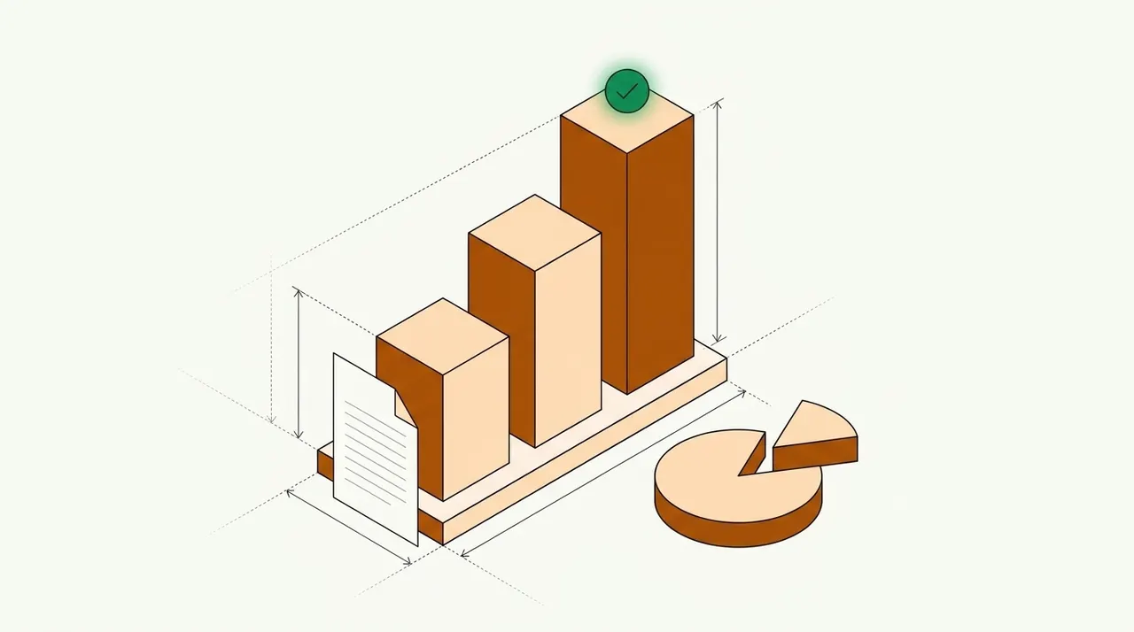 Line drawing of three rising bar columns on a base with a document beside them, a pie chart with one slice pulled out, and a green check on the tallest bar