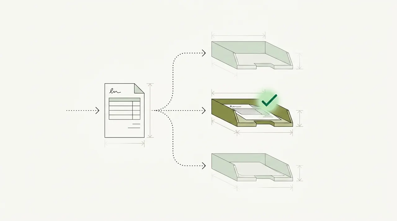 An invoice on a dotted path that forks to three desk trays, and only the middle tray holds the invoice and a green check