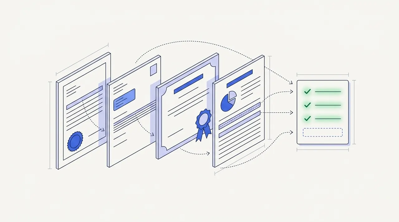 Four business documents in a fan, a page with a round seal, a letter with an address window, a certificate with a ribbon and a page with a pie chart, with dotted arrows to a checklist card that has three green checks and one empty dashed row