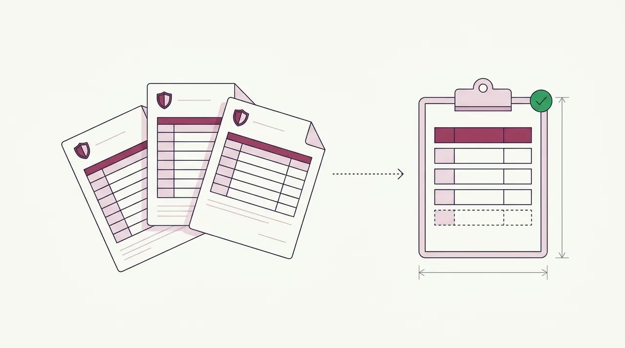 Three insurance claim reports in different layouts beside a clipboard table in a single format, its last row outlined as missing