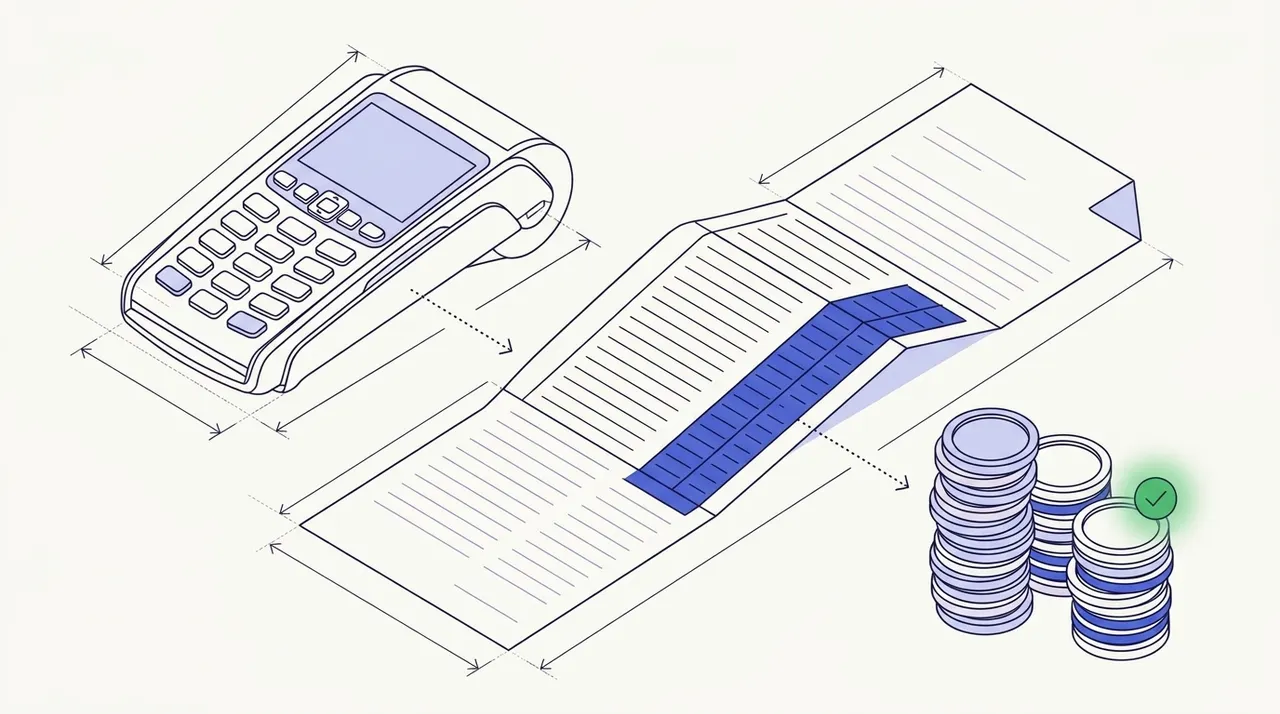 A card terminal beside a long bank statement with a run of identical rows highlighted in blue, and three coin stacks of uneven height, the shortest with a green check