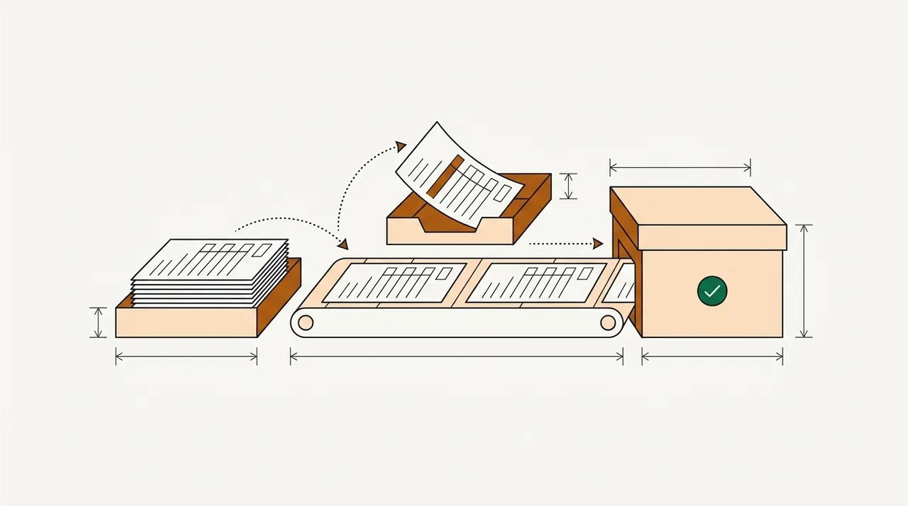 Remittance sheets moving from a stacked tray along a short conveyor to a closed file box with a green check, while a dotted arrow lifts one sheet with a highlighted row into a review tray above the belt