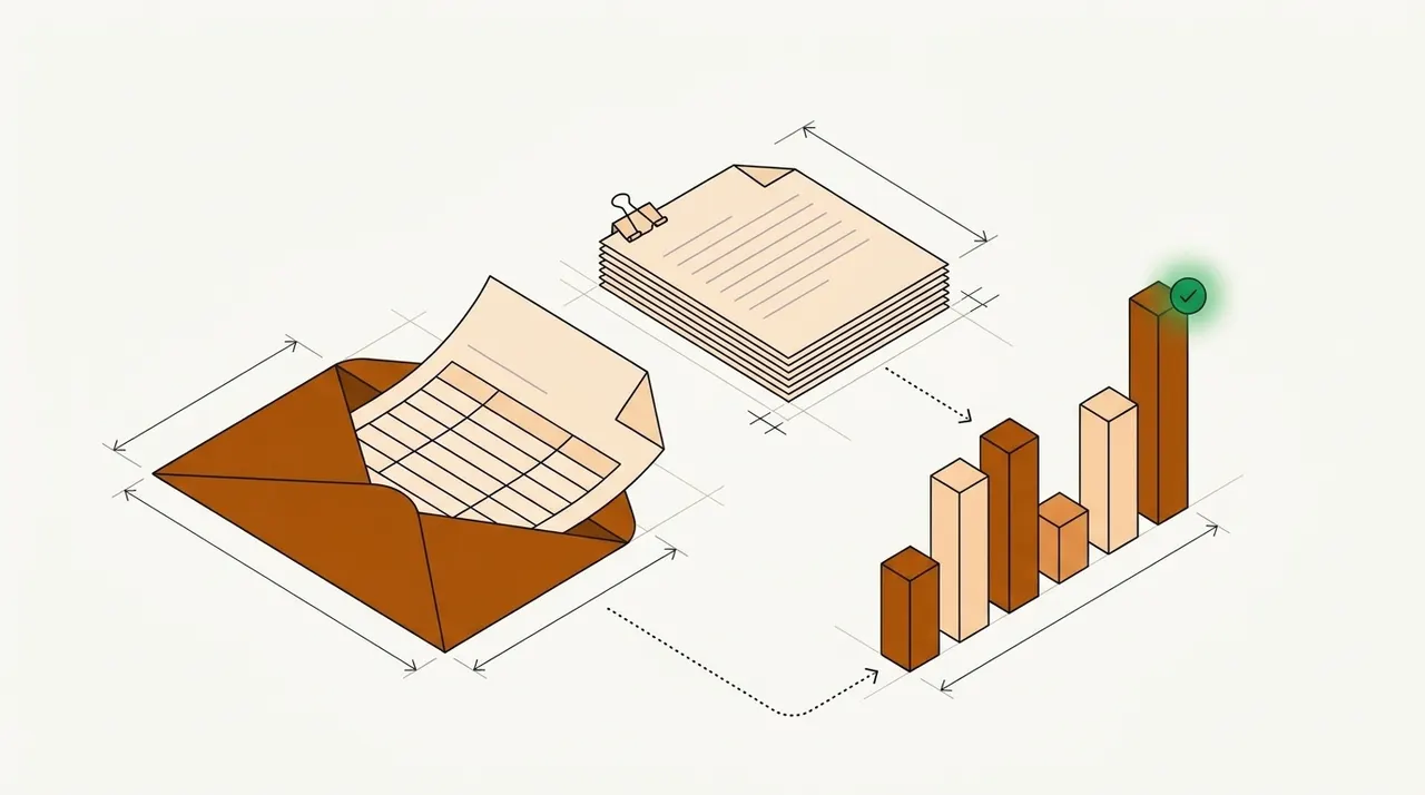 An insurer's payment statement with a grid of blank rows sliding out of an open envelope beside a clipped stack of record pages, with dotted arrows to a bar chart whose tallest bar has a green check