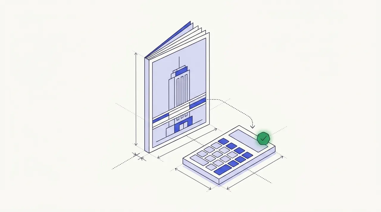 Line drawing of an offering memorandum booklet with an office tower on its cover, linked by a dotted arrow to a calculator marked with a green check