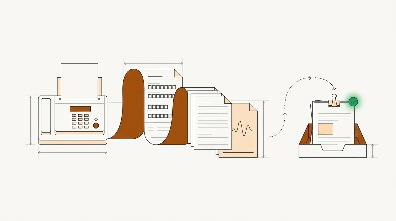 A fax machine feeding a long ribbon of pages that becomes a request form with code boxes, clinical notes and a chart, gathered with a binder clip into an inbox tray with a green check