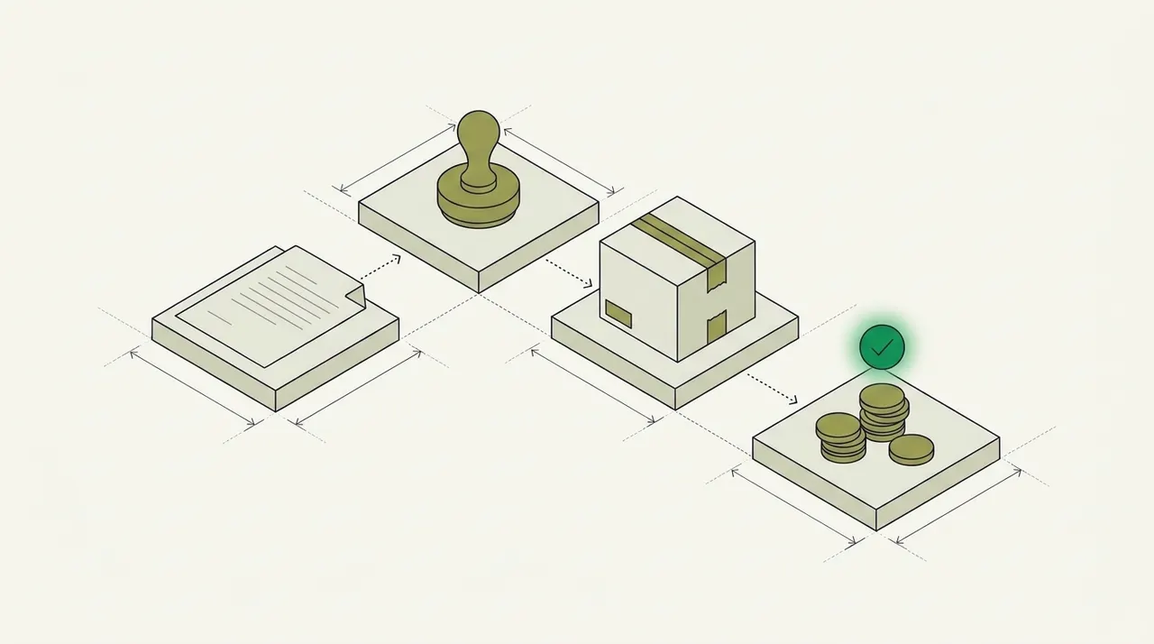 Line drawing of the purchase order process: a document, an approval stamp, a delivered box and a stack of coins with a green check