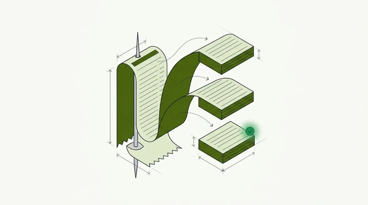 Line drawing of a long receipt on a spike unrolling into three stacked blocks of data, one marked with a green check