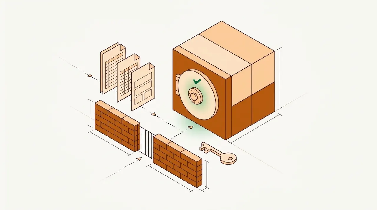 Three plain sheets moving along a dotted path through a narrow gate in a low brick wall toward a large vault block whose round door has a dial and a green check, with a key lying on the ground beside the wall
