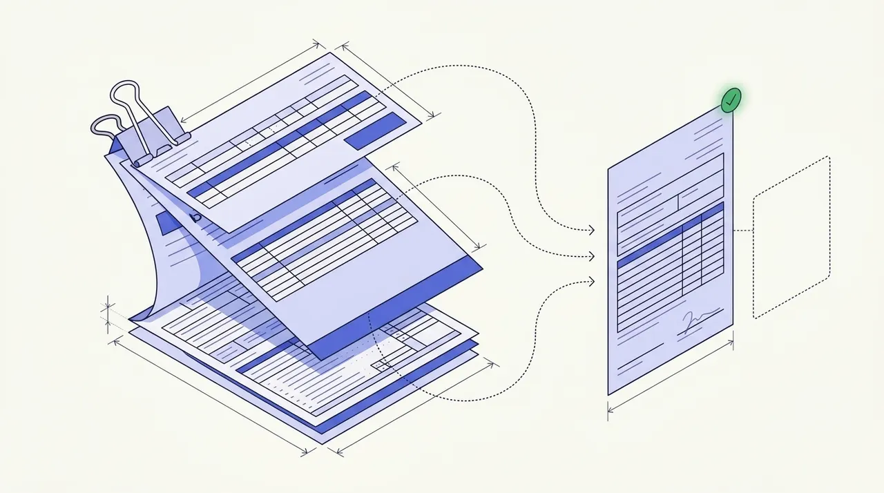 A fan of ruled forms held by one large binder clip, with dotted lines running from their highlighted rows to an upright form with a green check, and an empty dashed outline standing beside that form