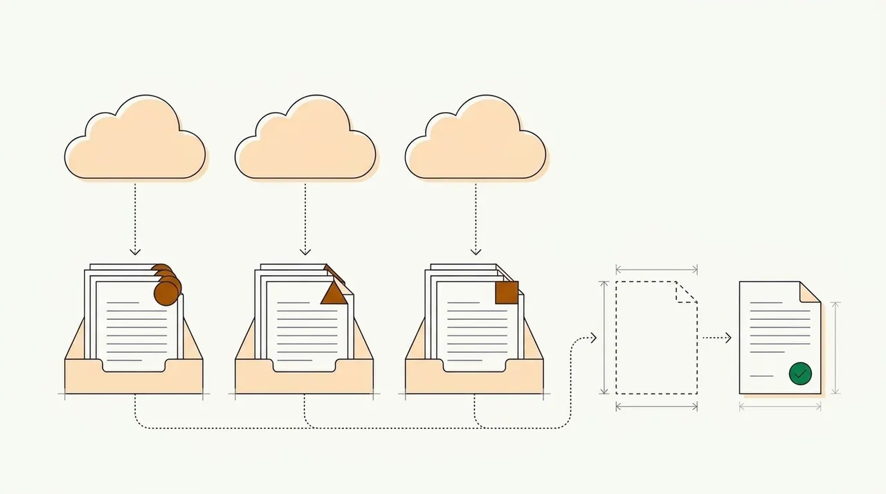 Three cloud outlines drop dotted paths into three trays of tabbed pages, which lead through an empty dashed page outline to one finished page with a green check