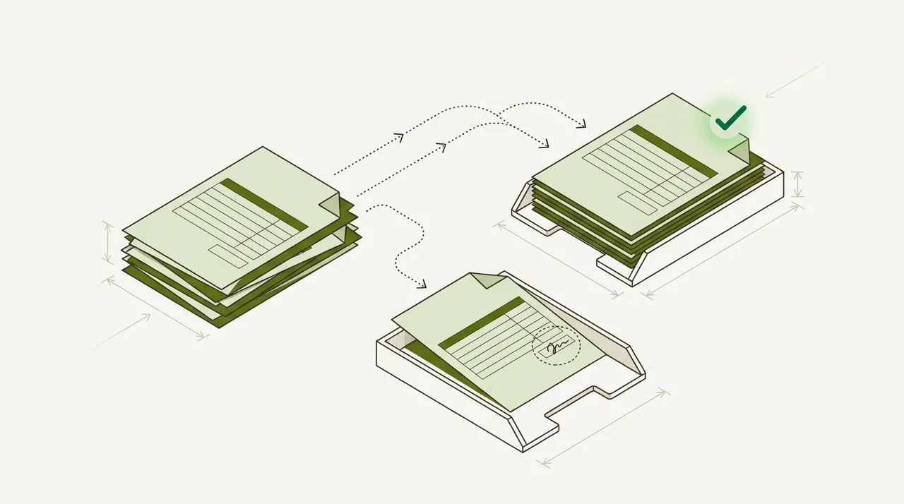 A stack of invoices with dotted paths carrying most of them to a tray with a green check, and one invoice set aside in a second tray with a scribbled field circled