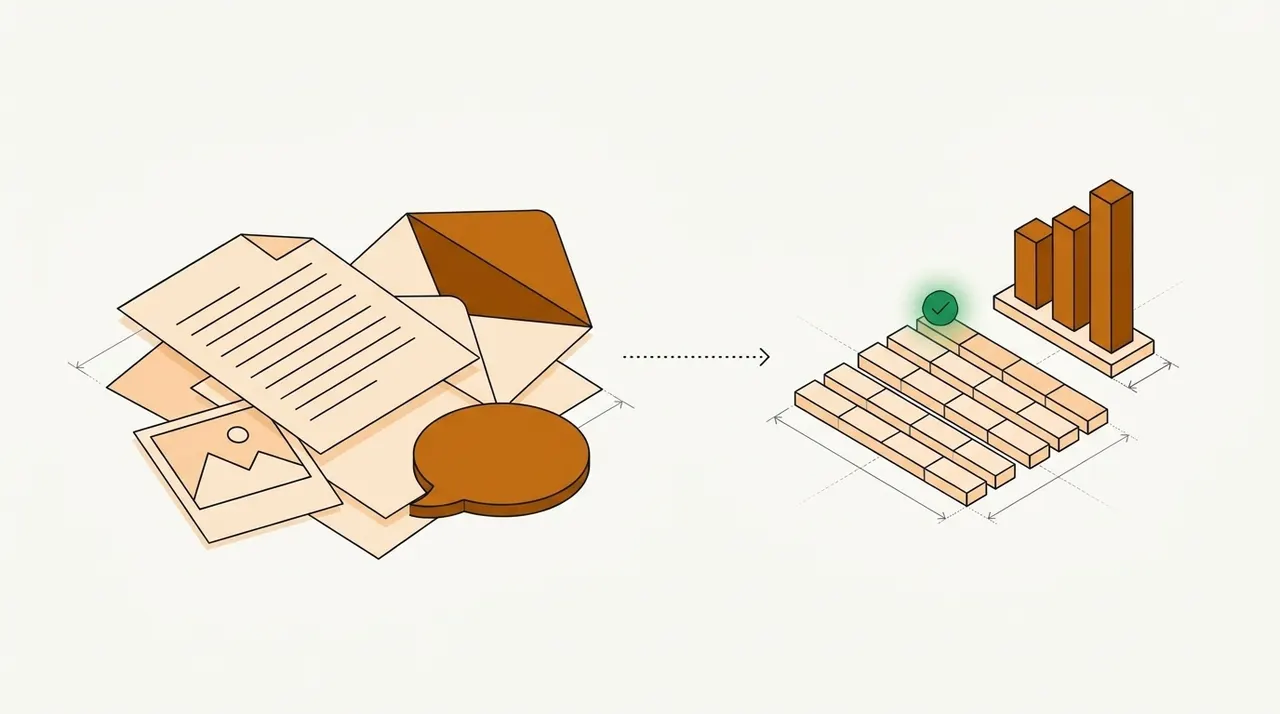 Line drawing of a loose heap of papers, an envelope, a photo print and a speech bubble, with a dotted arrow to a small, neat block of table rows marked with a green check and a rising bar chart behind it