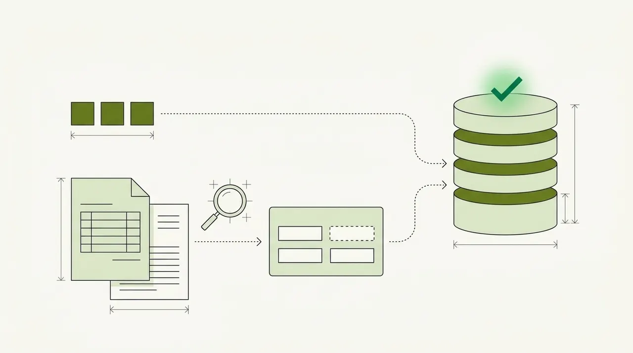 Three square data blocks and an invoice with a scanned page on two dotted paths, the lower one passing a magnifying glass and a form card, both ending at a stack of server discs with a green check