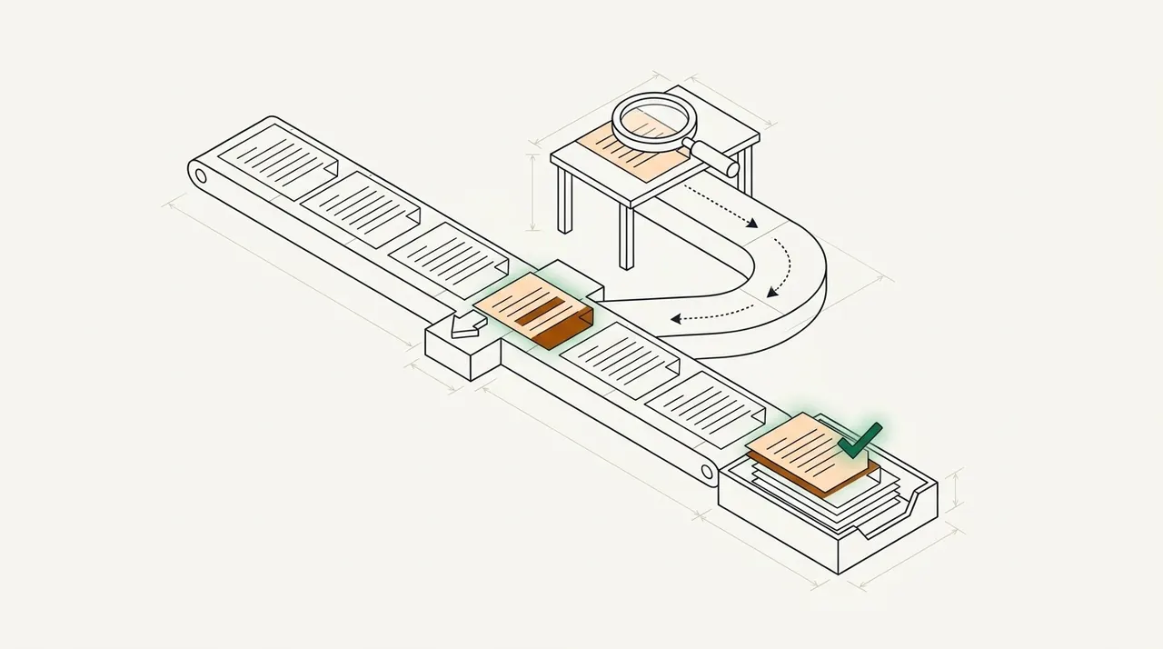 Line drawing of documents on a conveyor, with one flagged page diverted to an inspection table under a magnifying glass and back onto the line, which ends in a tray marked with a green check