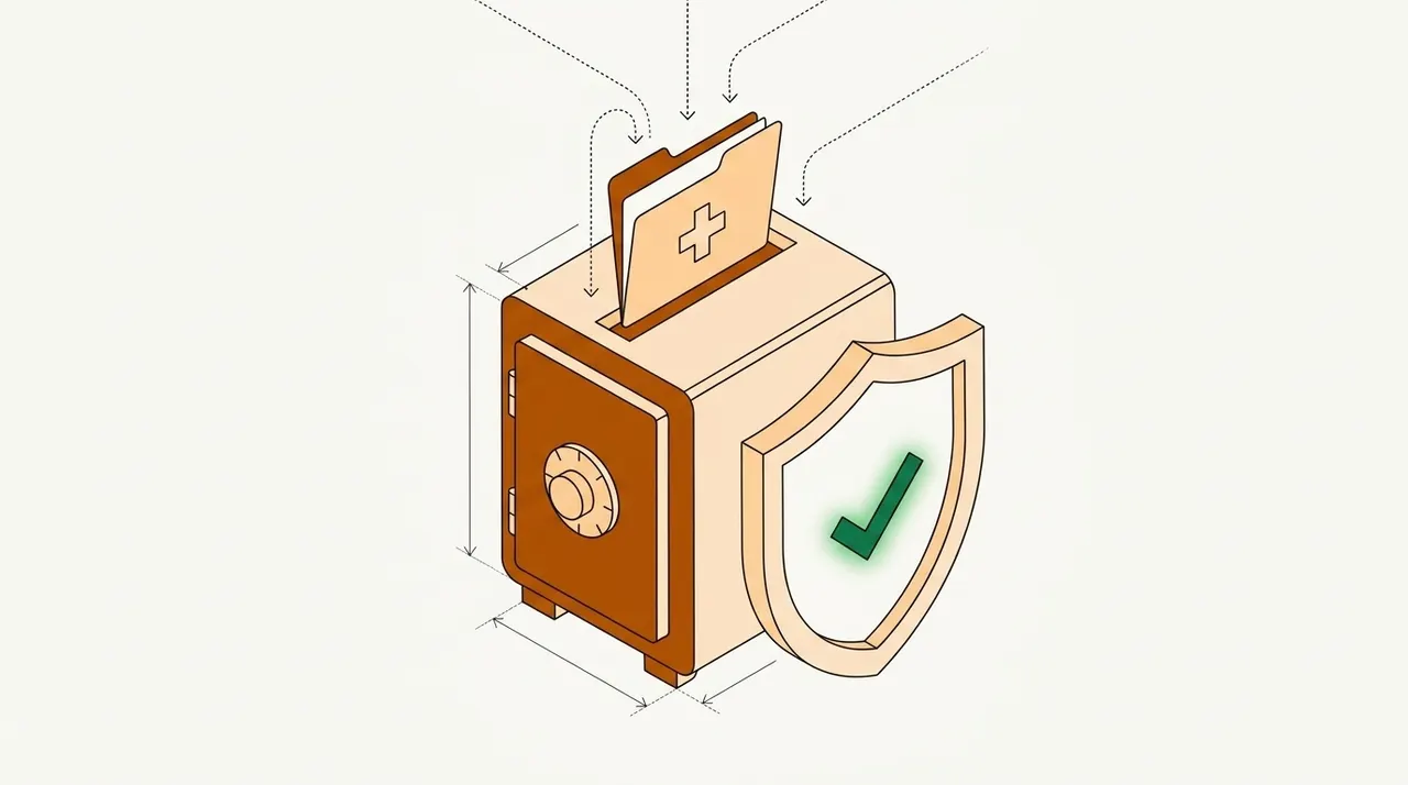 Line drawing of a medical file dropping into a safe beside a shield marked with a green check
