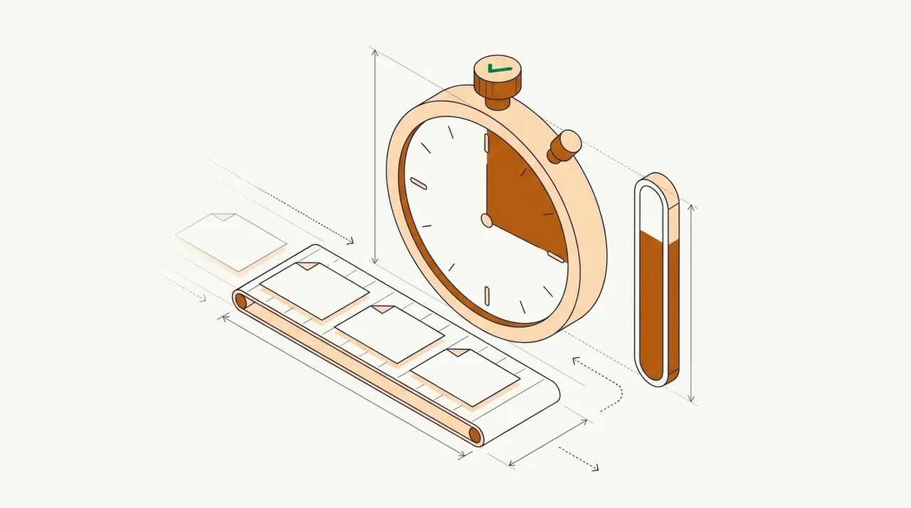 Line drawing of a stopwatch with a green check on its crown, beside a conveyor of documents and a gauge bar filled two-thirds