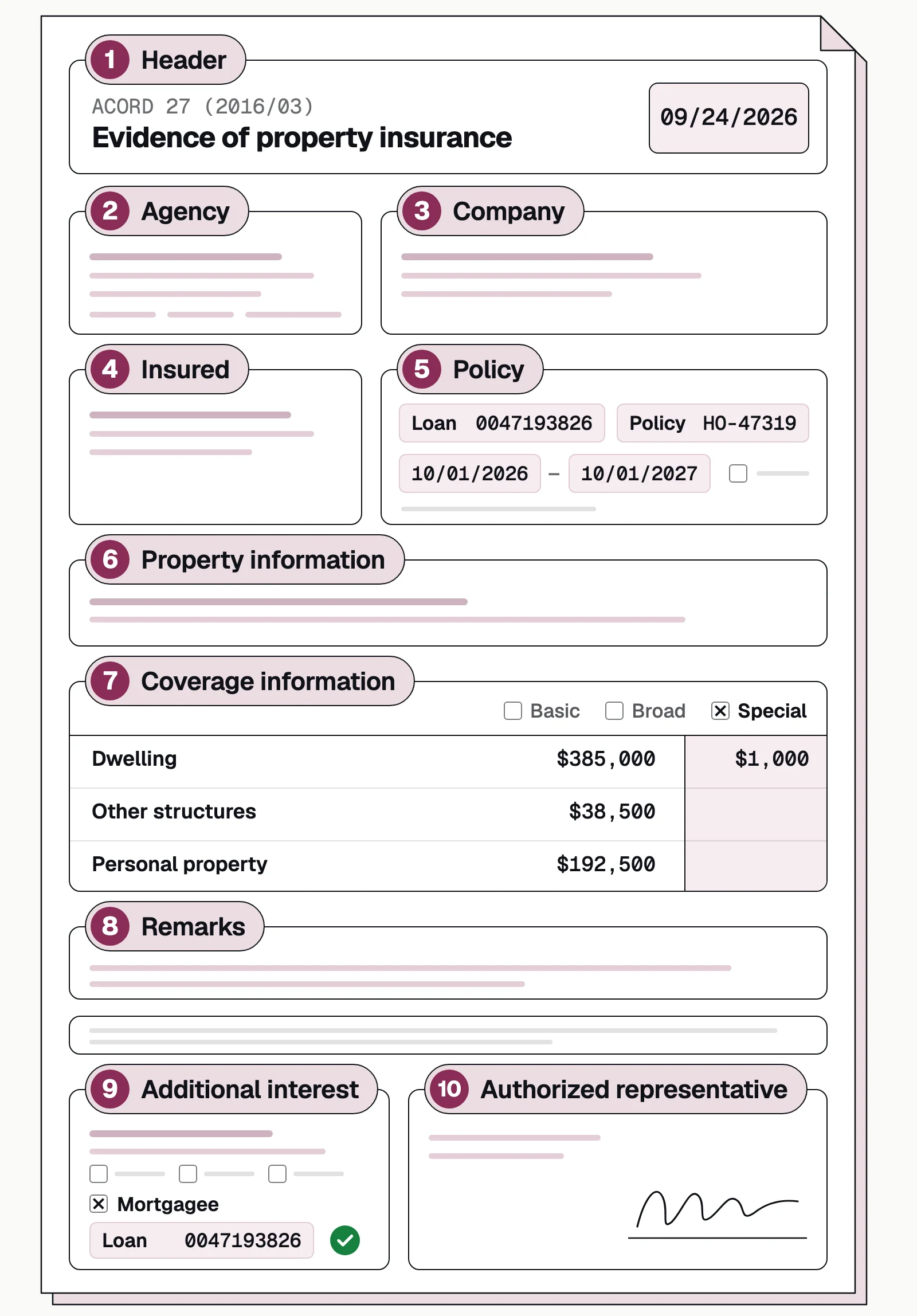 ACORD 27 (2016/03) evidence of property insurance with 10 numbered sections, from the header to the authorized representative