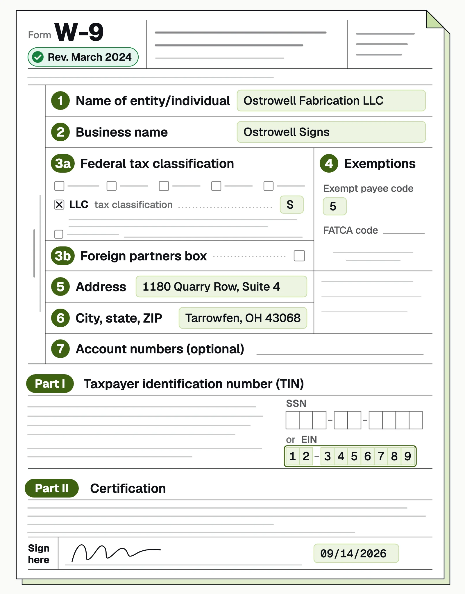 Form W-9 (Rev. March 2024) schematic: lines 1 to 7, Part I EIN and Part II signature numbered and filled in for a vendor LLC