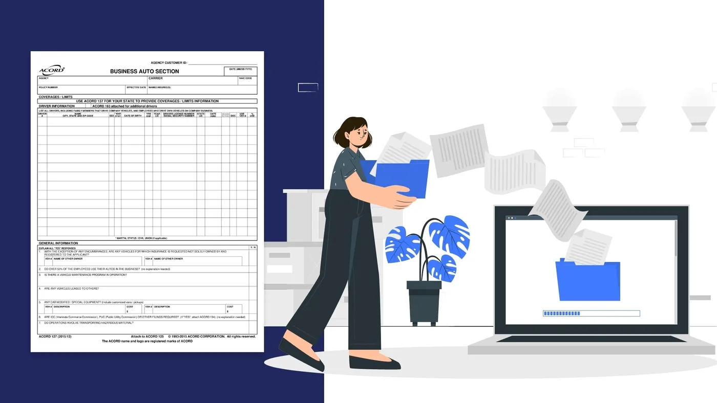 Page 1 of an ACORD 127 Business Auto Section with driver information and general information questions, beside an illustration of documents moving into a laptop folder