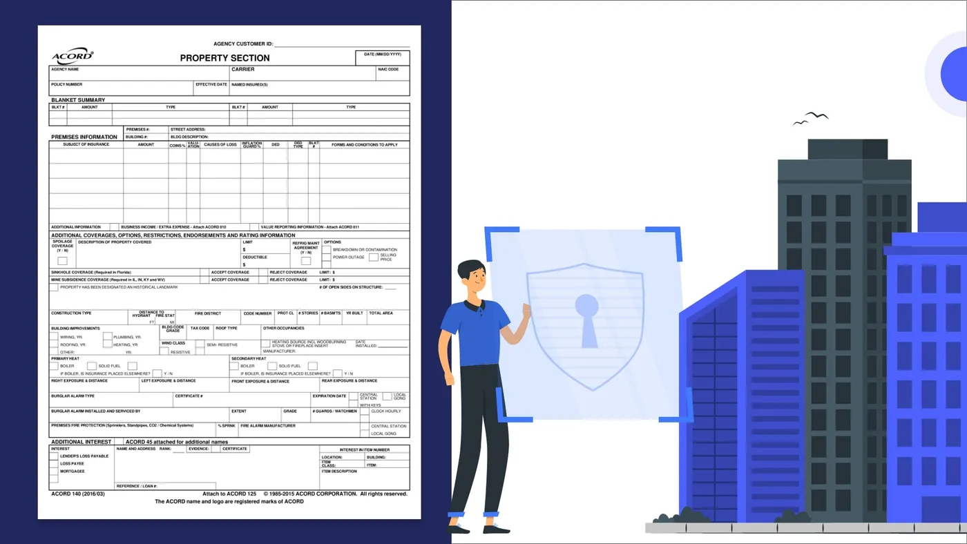 Page 1 of an ACORD 140 Property Section, 2016/03 edition, showing blanket summary, premises information and building details, beside an illustration of a person with a shield in front of office buildings