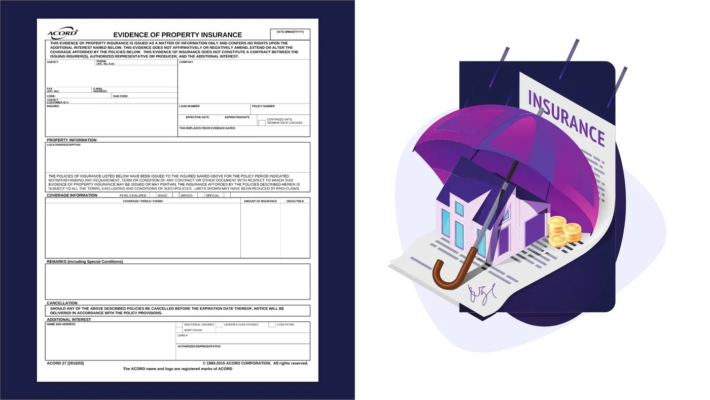 A blank ACORD 27 Evidence of Property Insurance form, 2016/03 edition, beside an illustration of a house under an umbrella on an insurance document