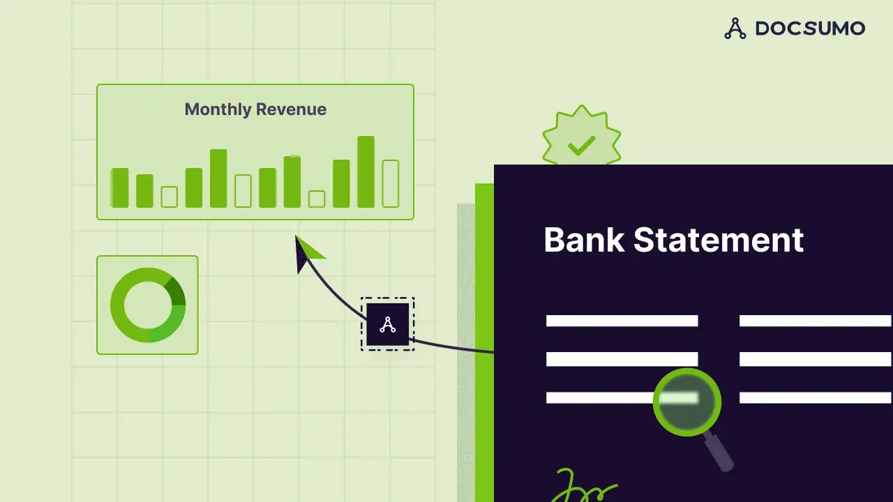 A bank statement being turned by Docsumo into a monthly revenue bar chart and a donut chart, with a verified badge