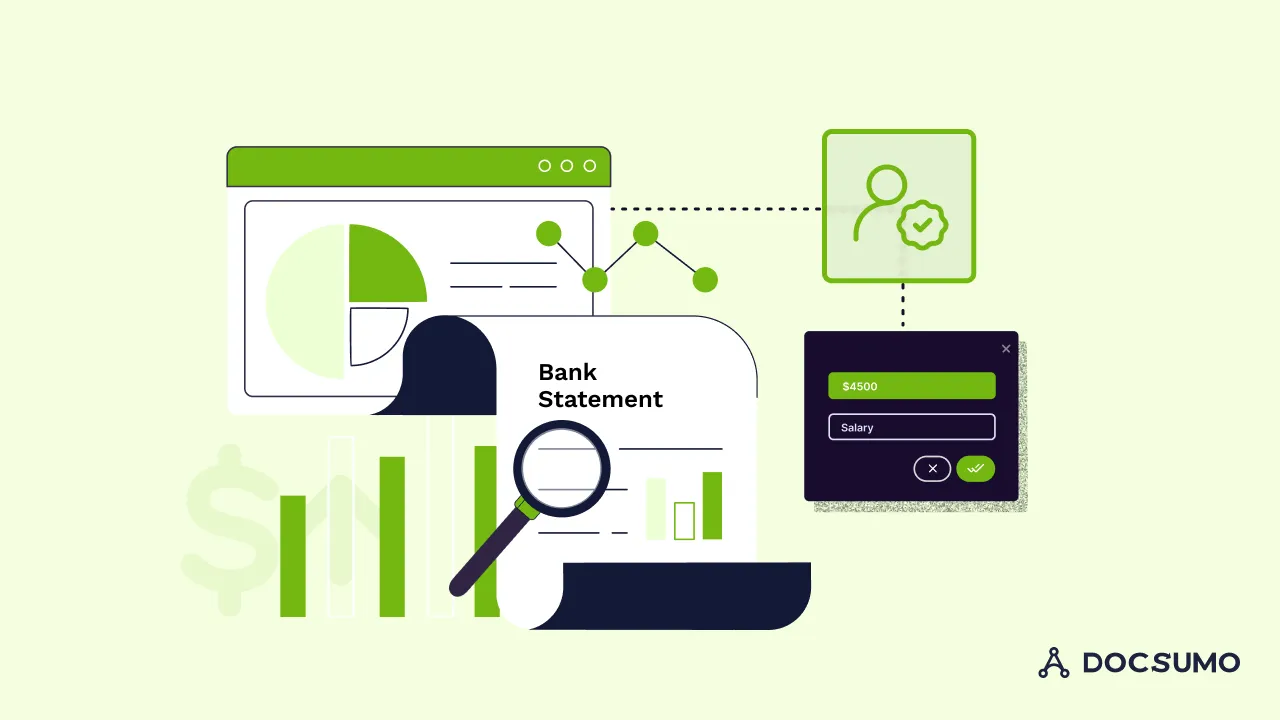 Illustration of a bank statement under a magnifying glass with charts and a verified identity icon
