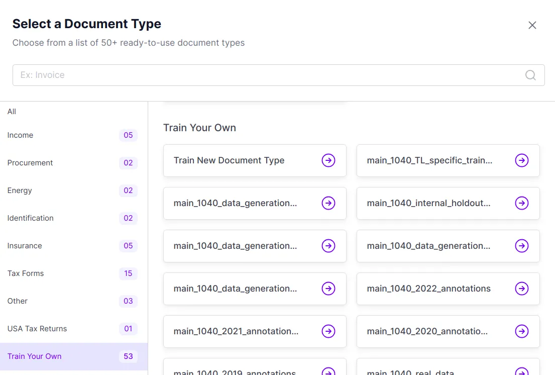 Docsumo Select a Document Type dialog with the Train Your Own option