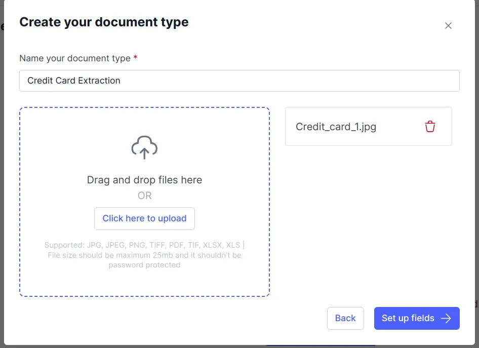 Create your document type dialog with a credit card statement image uploaded