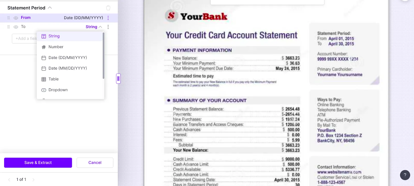 Sample credit card statement with the statement period field being labeled in Docsumo