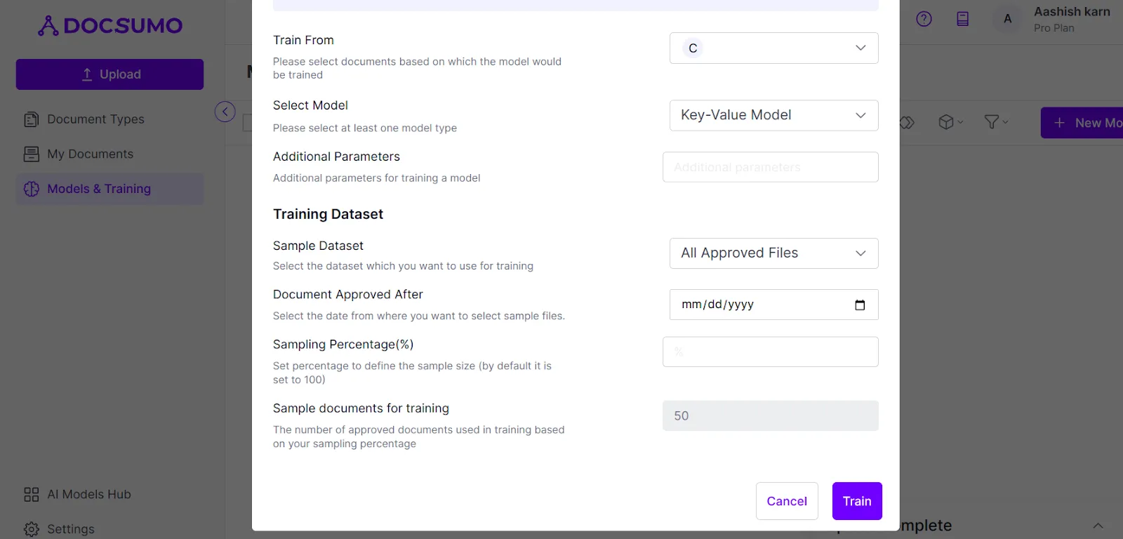 Docsumo model training settings with sample dataset and training options