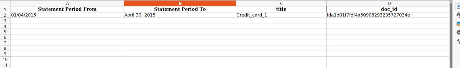 Excel sheet with the extracted statement period from and to dates