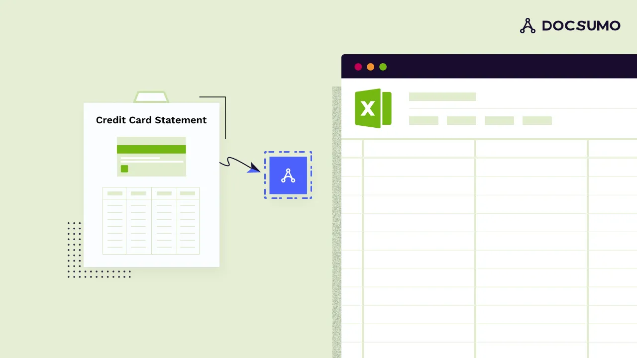 Illustration of a credit card statement converted by Docsumo into an Excel spreadsheet