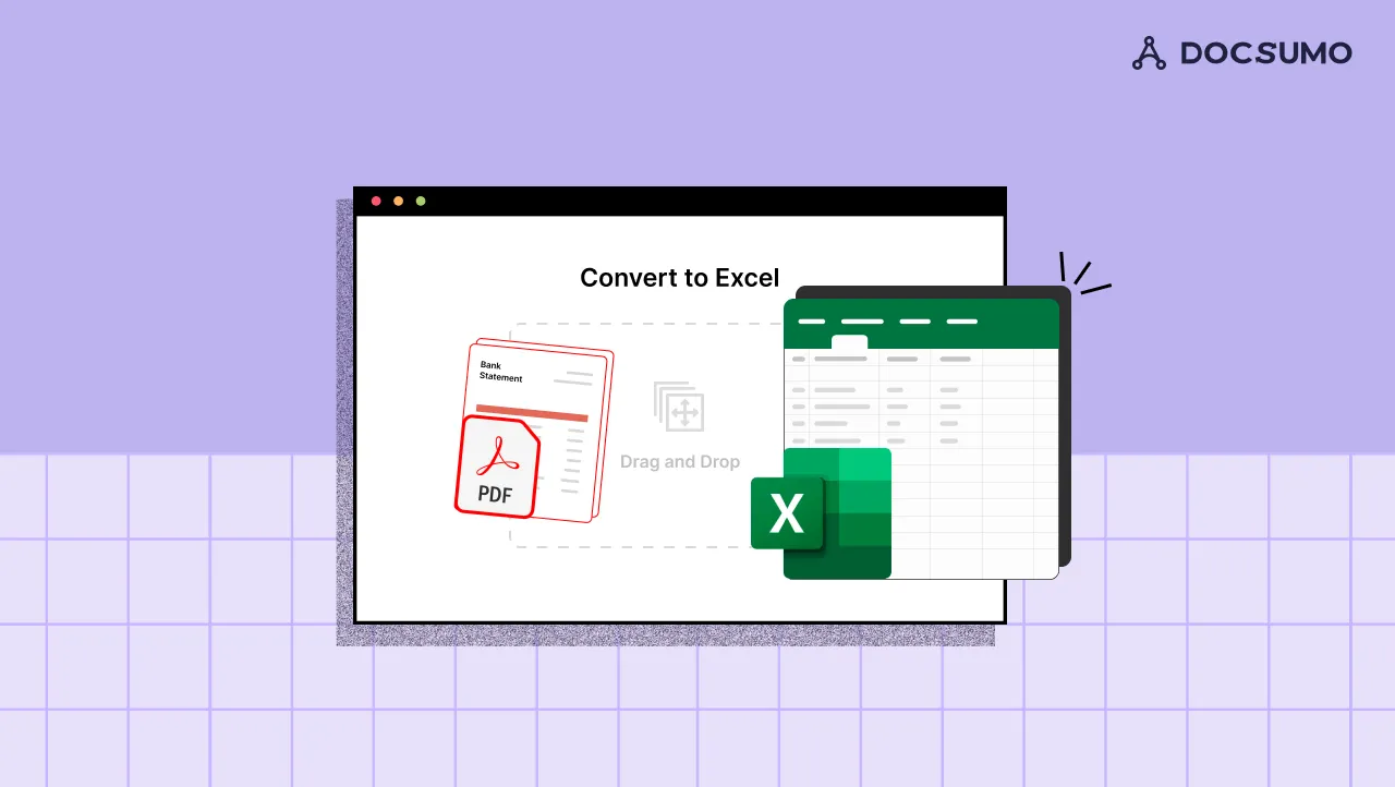 Illustration of a bank statement PDF dragged into a converter and exported to Excel